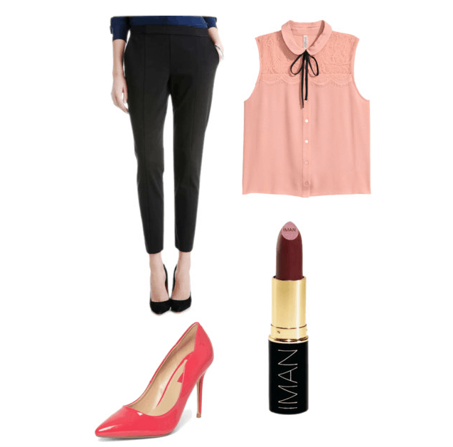 outfit inspired by single man's liquor store (pink)- trousers, pink collar blouse, pink heels, dark lipstick