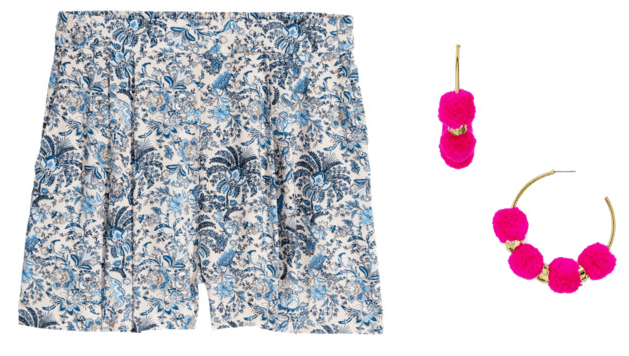 What your favorite pair of shorts says about you: Floral shorts with pink pom pom earrings