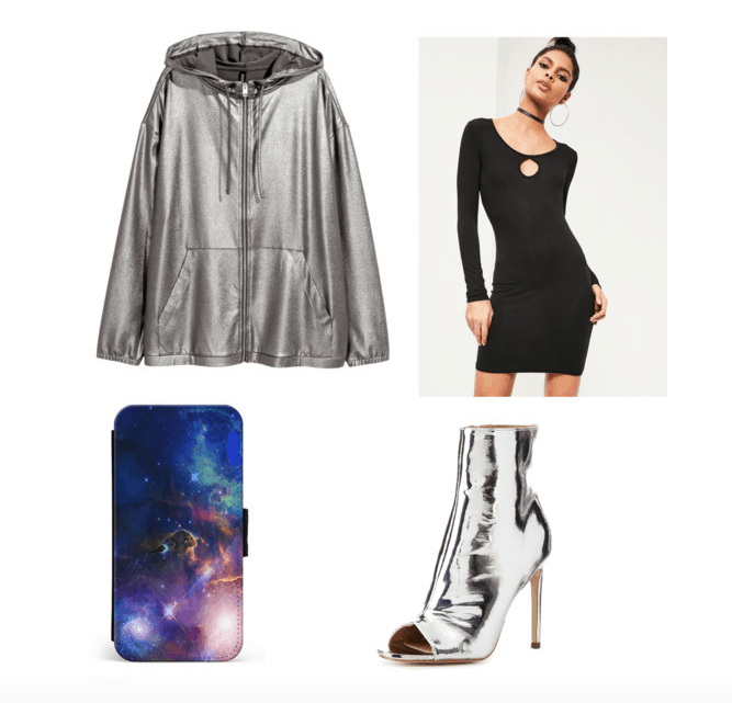 outfit inspired by fifth harmony at the 2017 MTV VMAs - bodycon dress, silver jacket, galaxy phone case, metallic heels