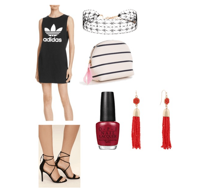 outfit inspired by katy perry's swish swish performance at the 2017 VMAs: tank dress, choker, striped makeup pouch, red nails, orange drop earrings, black heels