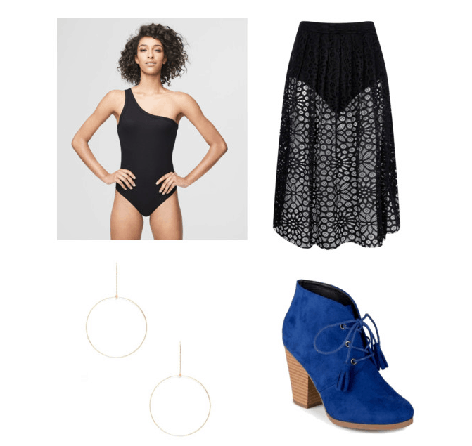 outfit inspired by demi lovato's performance at the 2017 MTV VMAs: sheer skirt, black bodysuit one shoulder, blue ankle boots, and hoop drop earrings