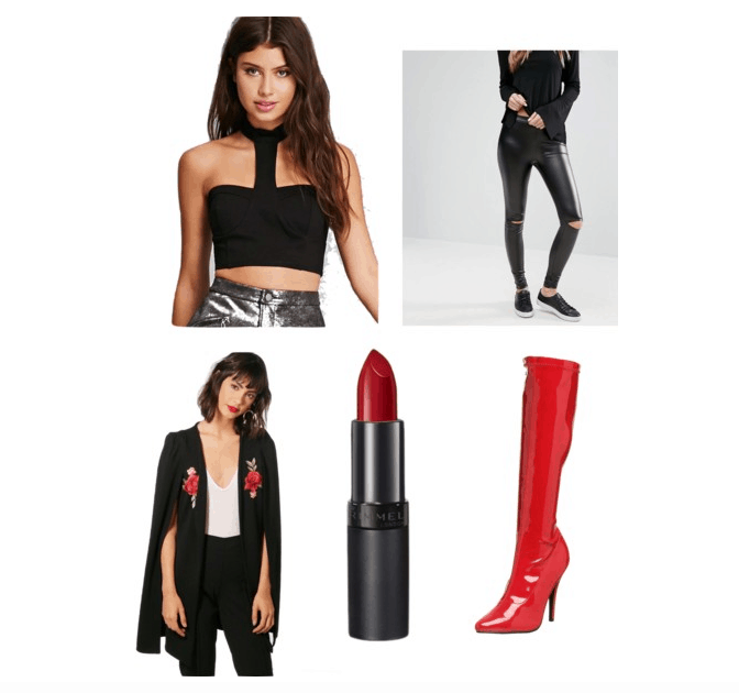 look what you made me do outfit #3- crop top, leather pants, red leather boots, embroidered cape, dark red lipstick