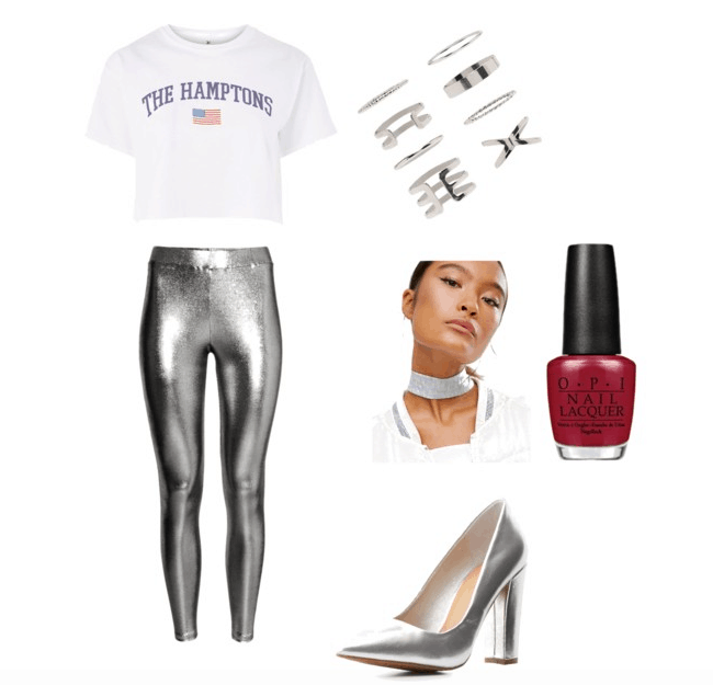 look what you made me do outfit #2- crop tee. ring set ,red nails, silver choker, silver heels