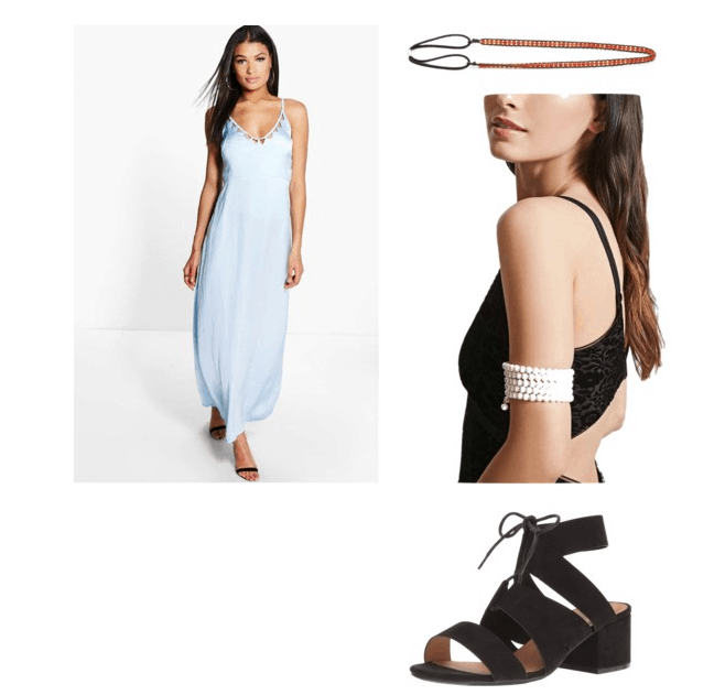 revised outfit #1 inspired by swift's look what you made me do: blue maxi, pearl arm band, headwrap, sandals