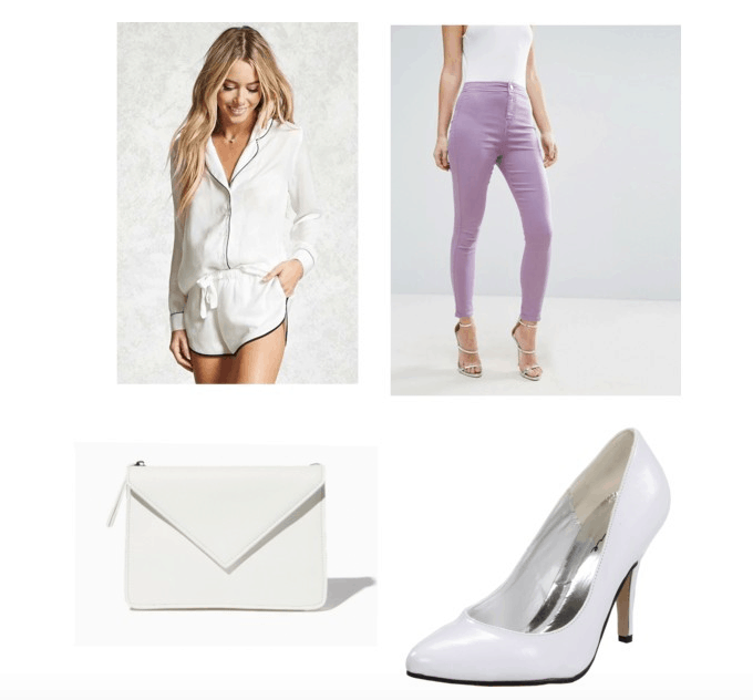 outfit inspired by Holly Golightly's apartment: purple jeans, PJ top, heels, envelope clutch