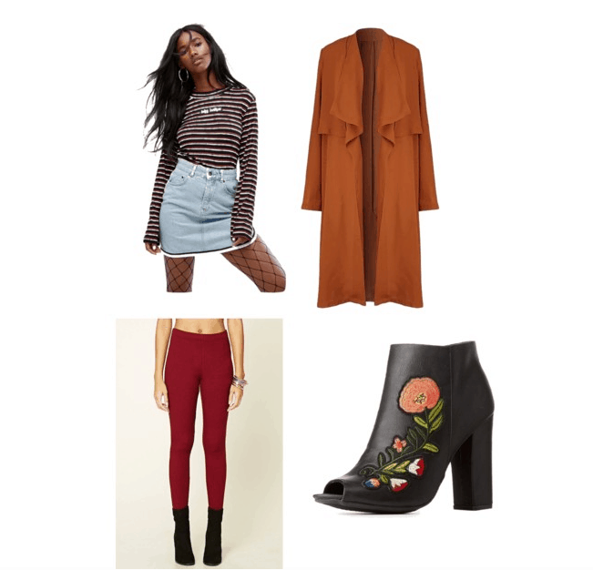 outfit inspired by BOT's NYC revised: striped tee, orange coat, embroidered boots, red pants