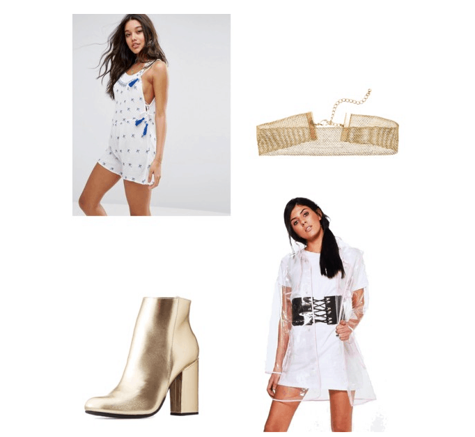 Outfit inspired by Bodak Yellow: white playsuit, gold choker, clear raincoat, and metallic booties