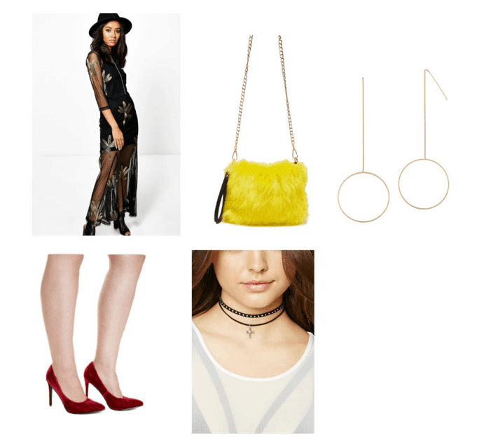 outfit inspired by bodak yellow #2- embroidered dress, fur purse, drop earrings, cross choker, red heels