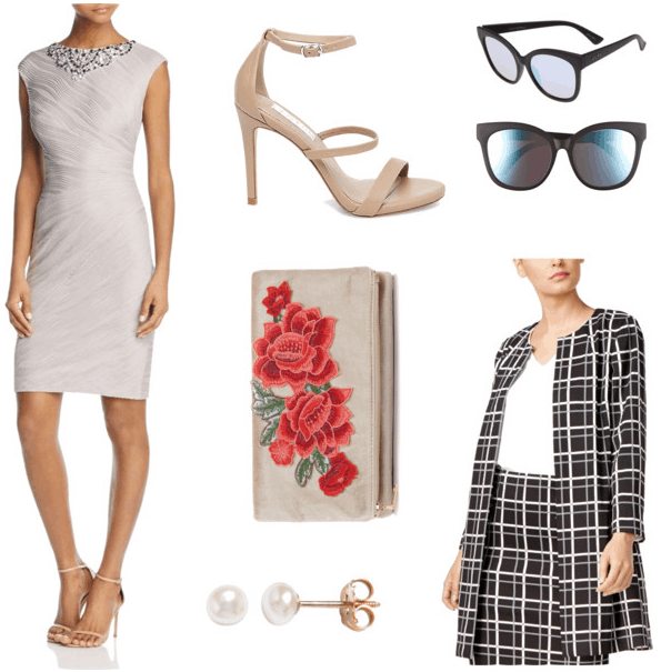 Outfit inspired by Anna Wintour's style: Silver wrap dress, beige strappy sandals, rose-embroidered clutch, patterned black and white coat, pearl earrings, sunglasses