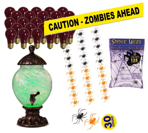 Halloween party decorations - black light bulbs, punch bowl with green, fake spiders and spider webs, Caution: Zombies ahead sign