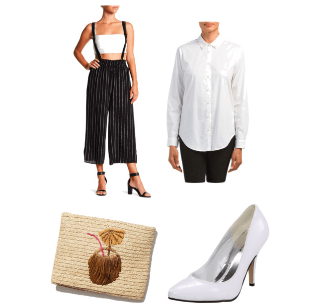 Outfit inspired by Pretty Little Liars Season 7, Emily's bartender outfit: overalls, white tunic, clutch, white heels