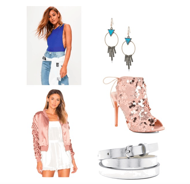 Outfit inspired by Pretty Little Liars Season 7, Hannah's glitter bomber jacket outfit: blue bodysuit, drop earrings, glitter heels, metallic belt, and satin bomber jacket