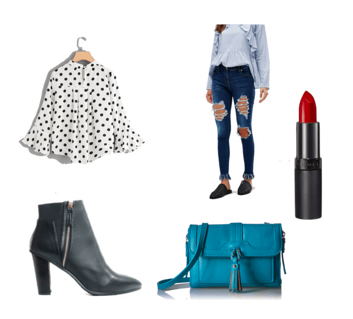 Outfit inspired by Pretty Little Liars Season 7, Spencer's chevron top outfit: polka dot top, ripped jeans, red lips, booties, bag