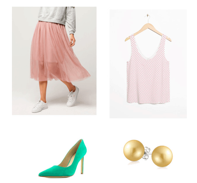 Outfit inspired by Pink's beautiful trauma music video:tulle skirt, polka dot tank, gold studs, green heels