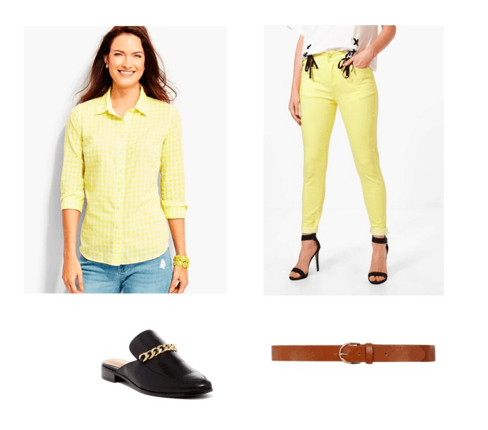 Yellow outfit inspired by channing tatum in Pink's beautiful trauma music video: Yellow skinny jeans, yellow button down shirt, black loafers, brown belt