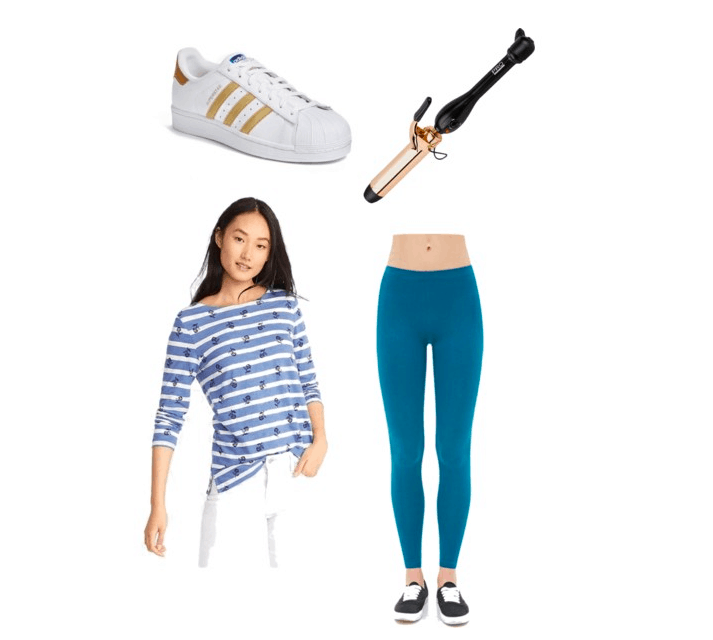 Outfit inspired by Liza Koshy: sneakers, curling wand, striped tee, blue leggings