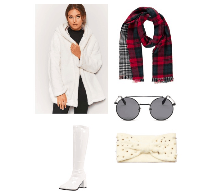 outfit  inspired by the train scene: fur coat, tribal scarf, round sunglasses, headwrap, knee high boots