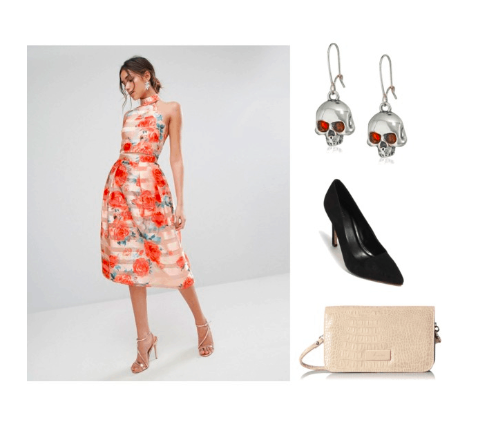 Outfit inspired by the Lava Challenge: peach floral dress, skull earrings, black heels, white clutch