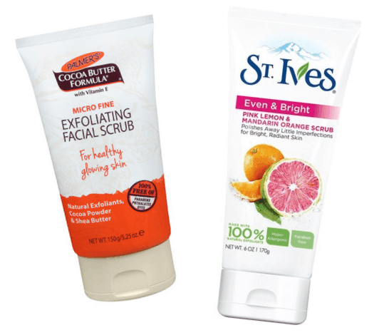 Exfoliators: Palmer's cocoa butter facial scrub and st. ives grapefruit scrub