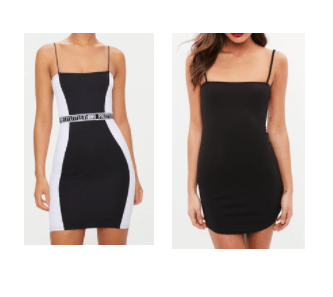 A dress with contrasting side panels, compared to a plain dress