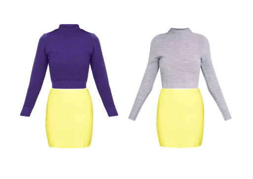 A yellow skirt, contrasted with purple and yellow sweaters