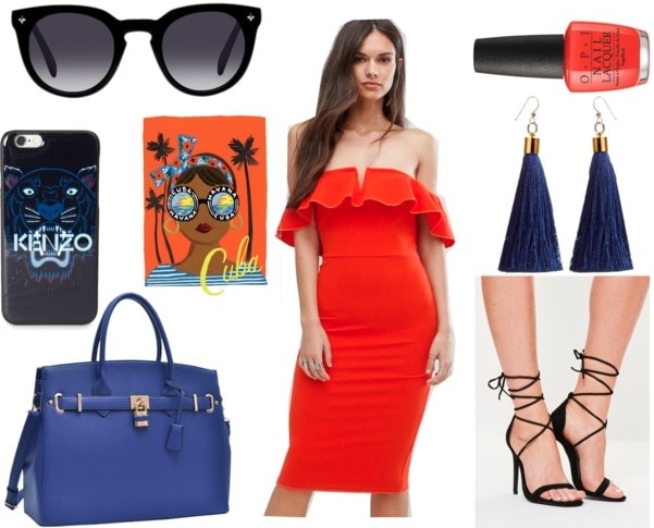 Cuban fashion: Outfit idea inspired by Cuba with off the shoulder red ruffle dress, navy blue tassel earrings, black lace up heels, navy tote bag, bright orange nail polish, Kenzo tiger phone case