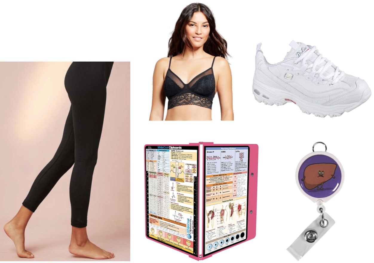 Must have items for wearing with scrubs: Fleece lined leggings, bralette, memory foam shoes, badge pull, clipboard