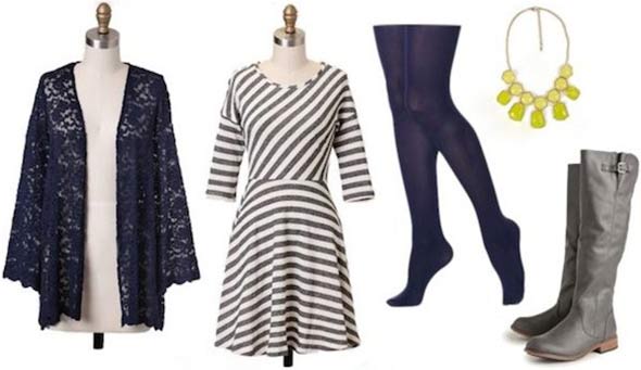 Super Bowl outfit for a Seattle Seahawks fan: Striped dress, blue tights, cardigan, boots, necklace