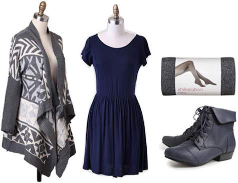 Super Bowl outfit for a Seattle Seahawks fan: Navy dress, waterfall cardigan, ankle booties, tights
