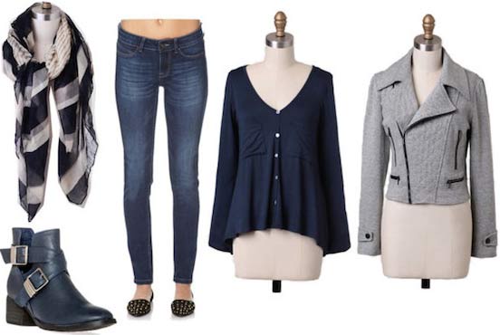 Super Bowl outfit for a Seattle Seahawks fan: Jeans, navy long-sleeve tee, moto jacket, scarf, ankle booties