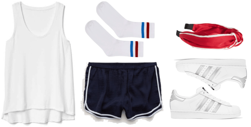 Fashion Inspired by Music Videos: "Bad Liar," by Selena Gomez--Outfit #3 featuring white tank top with curved, high-low hem; white tube socks with red and blue stripes, navy blue track shorts with white piping, red knotted hair band with white piping and black ends, Adidas Originals Superstar sneakers in white with metallic silver details