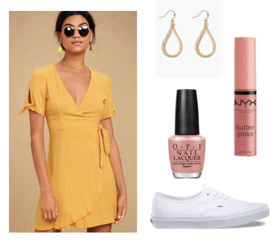 selena gomez fetish inspired: mustard yellow wrap dress, gold earrings, pinkish nude lipgloss, nude nail polish and white vans