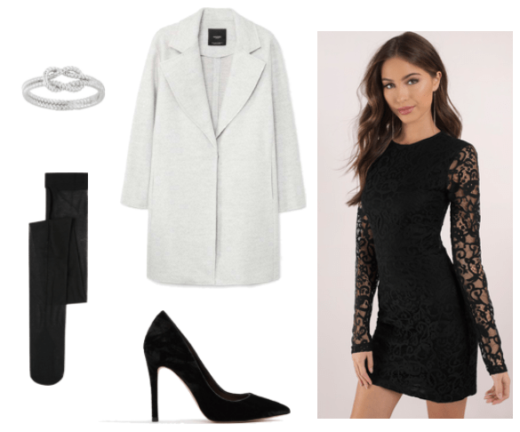 selena gomez hands to myself inspo: silver infinity ring, black stockings, light grey long coat, black heels, long lace dress