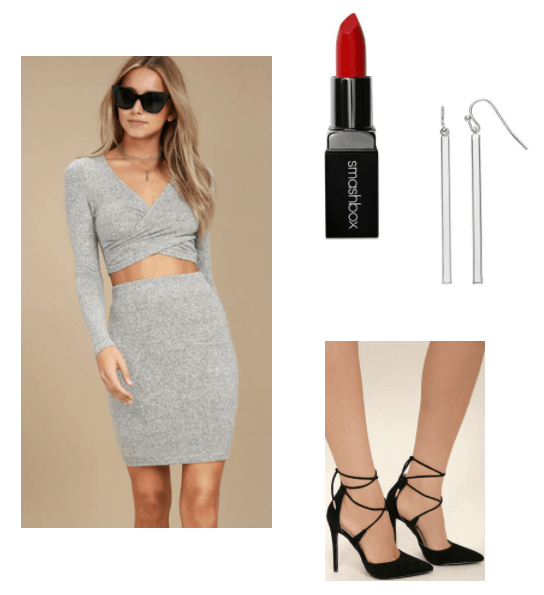 selena gomez wolves inspired look, two piece grey dress, red lipstick, silver grey earrings, black strappy heels