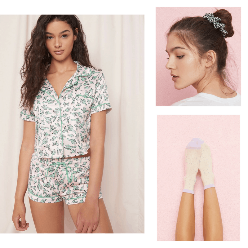 Self care day outfit: Cactus pajamas, gingham scrunchie, birthday cake socks