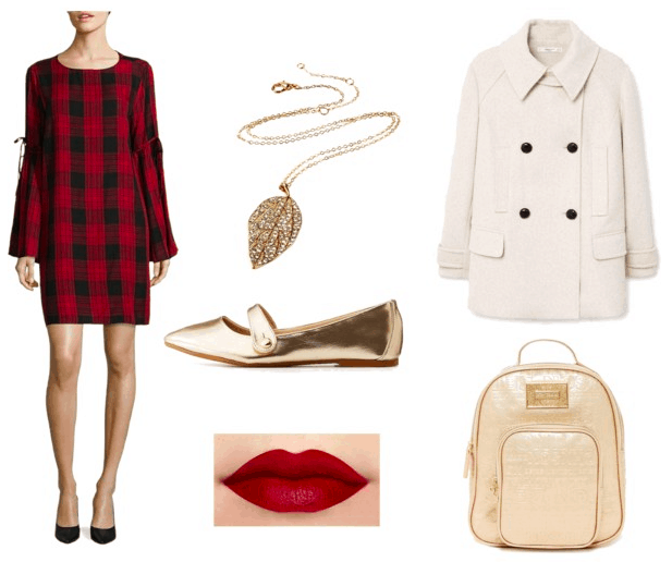 Plaid dress, white coat, pendant necklace, gold flats, gold backpack, red lips