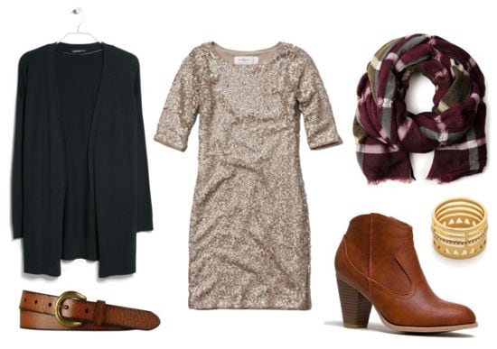 Sequin dress, green cardigan, ankle boots