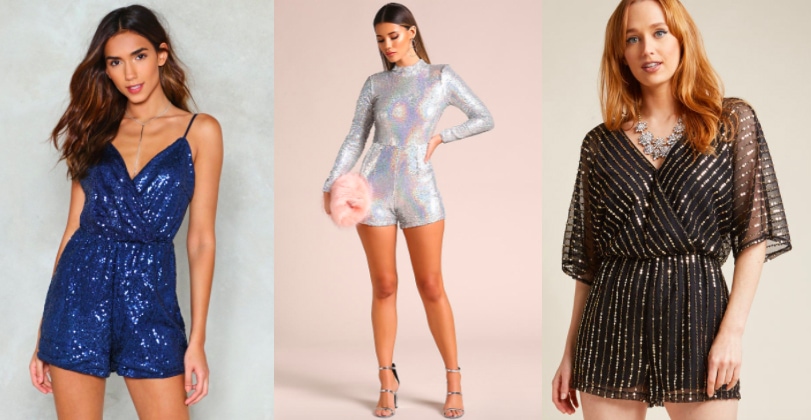 Sequin romper holiday trend (from left to right): aqua blue cami romper from Nasty Gal, silver holographic long sleeve romper with a mock turtleneck from Love Culture, and a flowy black BB Dakota mesh romper with gold detailing from Modcloth.