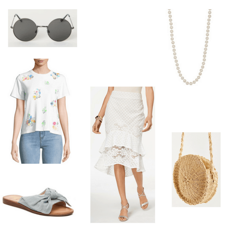 Outfit with sequin flower tee, ruffled lace skirt, round sunglasses, denim slides, pearl necklace, and straw crossbody