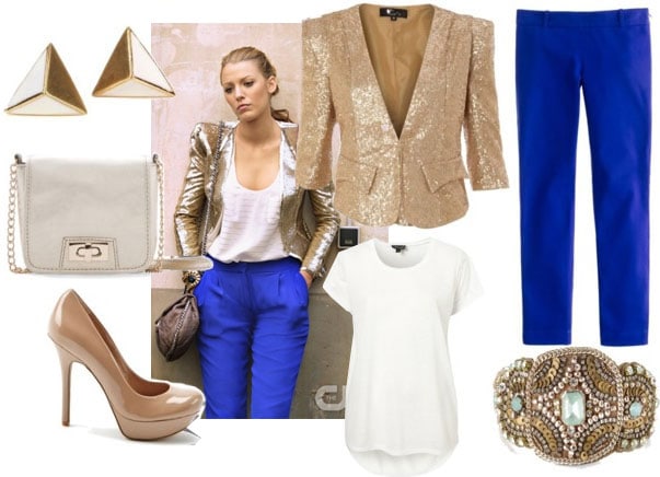 Serena outfit 4 with gold blazer cobalt capris white tee nude pumps ivory cross body and spike studs