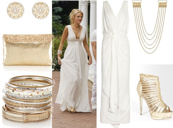 Serena look 3 with white maxi goddess dress gold hair chain gold gladiator sandals gold bangles gold pearl earrings and sequin clutch