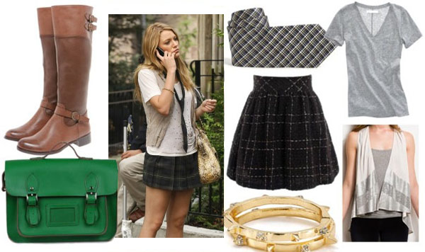 Serena outfit 2 with plaid skirt gray v neck plaid tie sequin vest gold bangles green satchel and brown riding boots