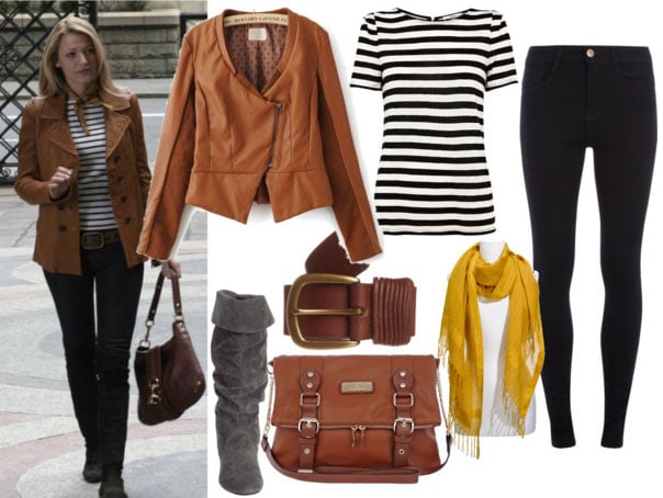 Serena look 1 with brown leather jacket, striped tee, brown satchel, brown belt, gray slouchy boots, black skinnies, and yellow scarf