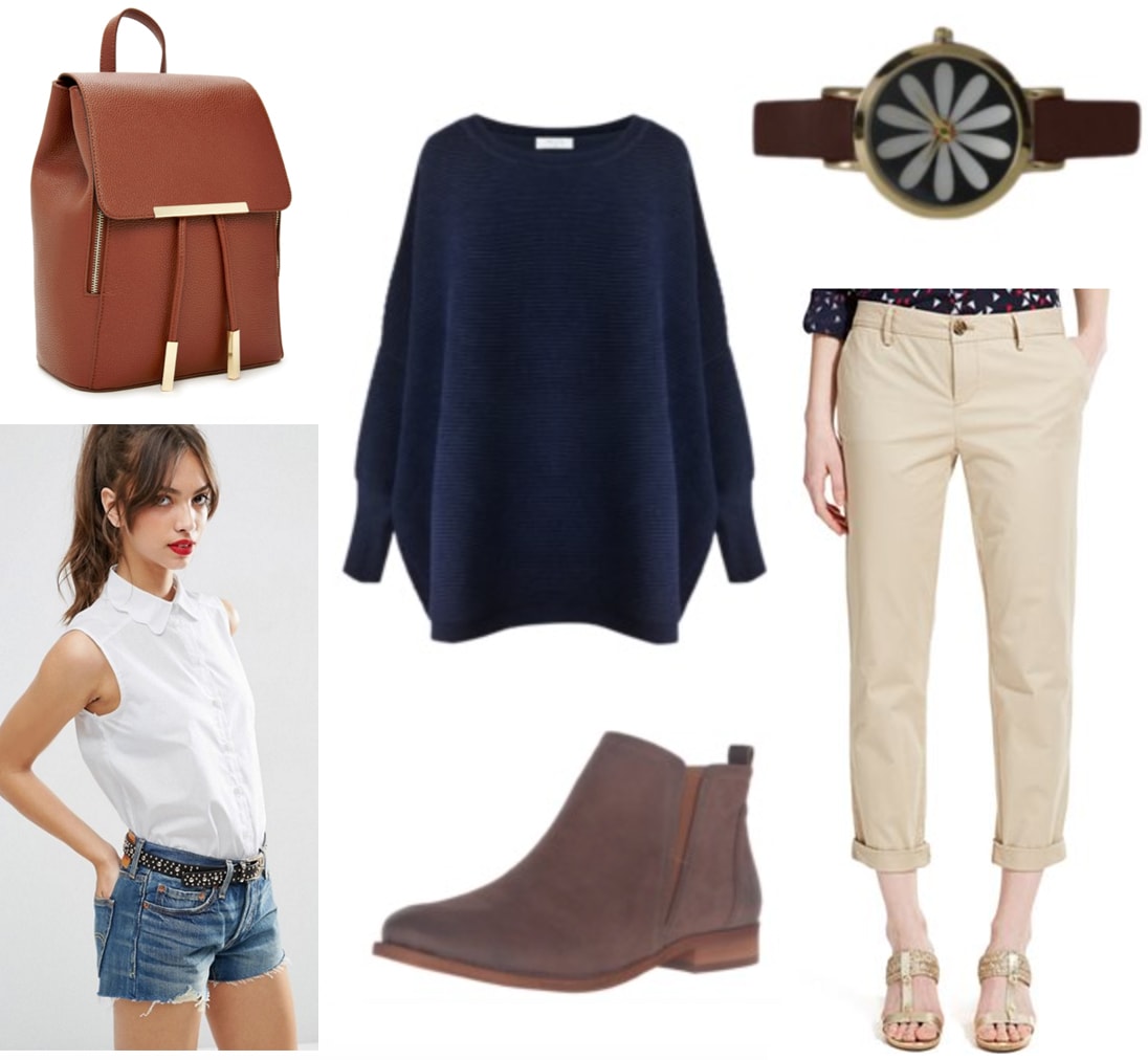Outfit inspired by Klaus from the Series of Unfortunate Events movie: Khakis, blue sweater, white collared shirt, backpack, ankle boots