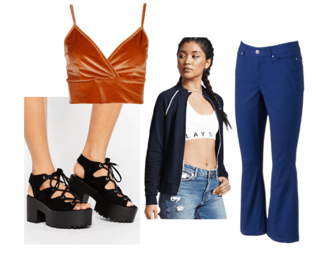 90s outfit inspiration by Crash Bandicoot from the Crash Bandicoot video game series: velvet orange bralette, flared blue jeans, chunky black platform heels, navy track jacket