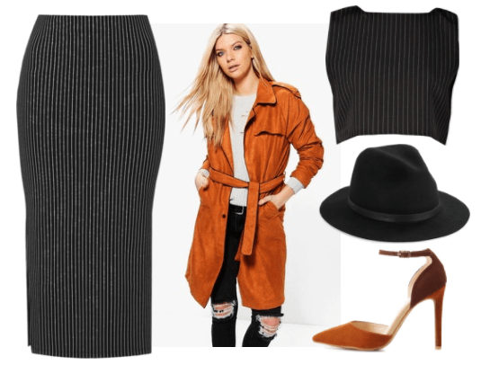 Outfit inspired by Rusty Galloway from the video game LA Noire: burnt orange trench coat, long pinstriped skirt, pinstriped crop top, black fedora, two-toned color-blocked heel