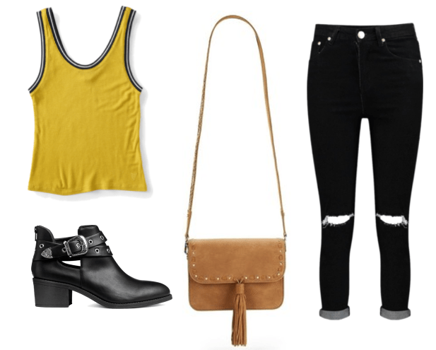 Outfit inspired by Mickey from the tv show Love: distressed black denim, cogan crossbody bag, yellow vintage tank, buckled black booties