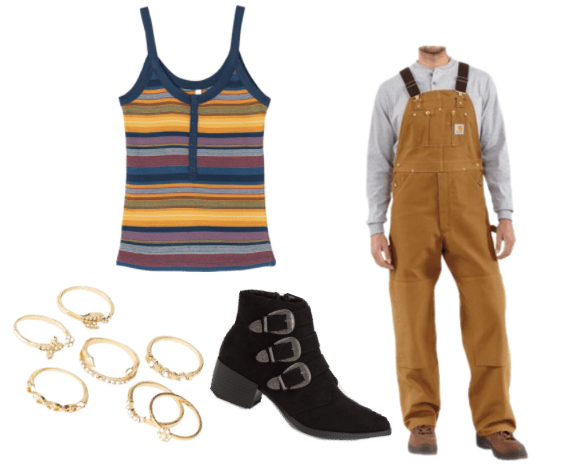 Outfit inspired by Mickey from the tv show Love: mustard yellow overalls, black buckled booties, striped vintage tank, stacked ring set