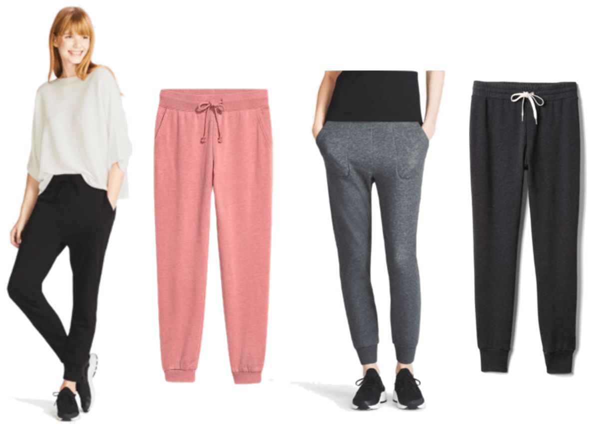 Black joggers with drawstrings, bright dusty coral-pink joggers with drawstrings, dark gray joggers with drawstrings (not shown), washed-black joggers with cream-colored drawstrings