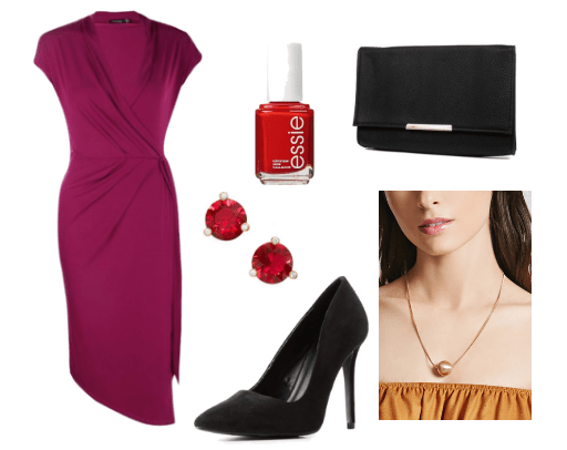 Outfit inspired by Rebecca Bunch on Crazy Ex Girlfriend tv show: Essie red nail polish, foldover black clutch, gold pendant necklace, ruby red earrings, wrap dress, black pumps